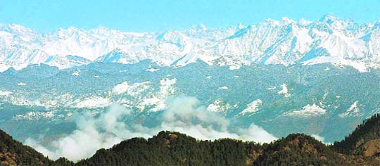 A view of Himalayan ranges covered with snow during winter as seen from Shimla. 