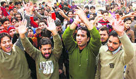 Activists of the JJSF protest in Jammu on Friday.