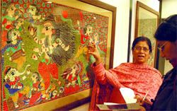 Artist Bharati Dayal at her exhibition on Mithila paintings at Indian Council of Cultural Relations in New Delhi on Friday.