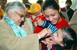 Delhi Chief Minister Sheila Diskhit inaugurates the polio immunisation programme at the Rashtrapati Bhavan in New Delhi on Saturday.