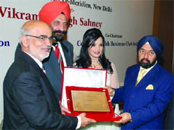 Head of the conference Vikramjit Singh Sahney (right) with Lord Diljeet Rana (extreme left) and Canadian MP Ruby Dhalla in New Delhi.
