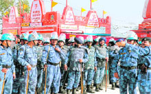 Rapid Action Force personnel deployed at Har-ki-Pauri and other sensitive areas of Haridwar district.