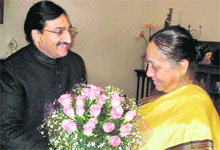 Uttarakhand Chief Minister Ramesh Pokhriyal Nishank meets Governor Margaret Alva at Raj Bhawan in Dehradun on Saturday
