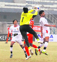 The match between JCT and Pune FC in progress at Ludhiana on Saturday.