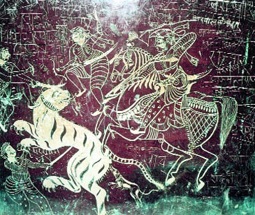 A painting showing a woman warrior mounted on a horse. 