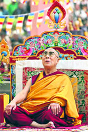 Tibetan spiritual leader the Dalai Lama at the Mahabodhi temple in Bodh Gaya.