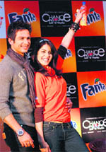 Bollywood actors Shahid Kapoor and Genelia D Souza at the launch of Fanta Fun Dance Challenge  Chance pe Dance special edition bottle in New Delhi on Monday.