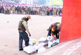 Members of a bomb disposal squad take part in a mock drill in Haridwar
