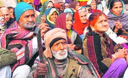 Old age pensioners wait in biting cold outside the office of the Municipal Council in Hisar to receive pension.