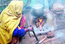 A woman burns cow dung cakes and wood to cook food at Ahmedgarh.