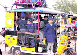 An overloaded autorickshaw that was abandoned by the driver when he saw he was being clicked in Ludhiana on Monday.