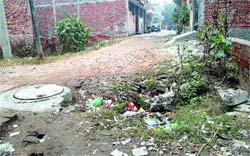 A lane caves in due to faulty sewerage in New Golden Avenue area in Ward 20