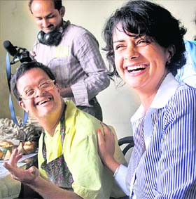 Bollywood actress Gul Panag with autistic and mentally-challenged persons at a function to encourage their participation in the upcoming Mumbai Marathon in Mumbai on Tuesday.