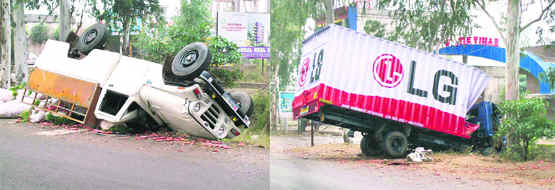 The two vehicles that met with a head-on collision on the Zirakpur-Patiala highway.