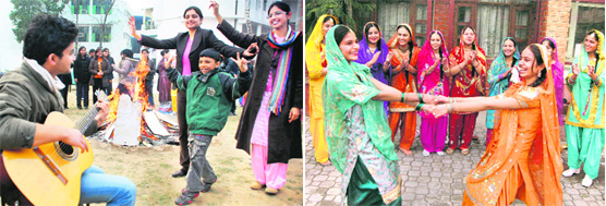 Students of the Gian Jyoti Institute of Management, Mohali; and (right) girl students of SD Public School, Ambala Cantonment, celebrate Lohri on Wednesday.