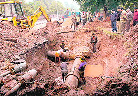 Residents continue to face water shortage as MC workers try to rectify the fault in Sector 26, Chandigarh, on Wednesday.
