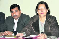 Razia Beig (right), Chairperson, Bar Council of Uttarakhand, addresses mediapersons in Dehradun