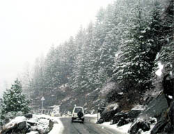 The Manali-Rohtang Pass road wears a pristine look following fresh snow on Wednesday near Nehru khud, about 6 km from Manali