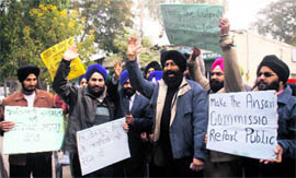 Members of the Sikh Progressive Front hold a protest in Jammu on Wednesday