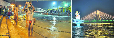 Sadhus make offerings to the Sun God at Har-ki-Pauri; and (right) a well-lit bridge in Haridwar on Thursday.
