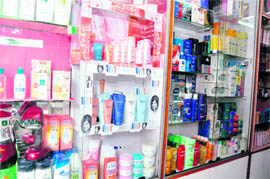Cosmetics of all sorts on display at a showroom in Dehradun