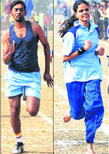 J Raymond Jani Angal and Sandhya KM, both of the Central Institute of Fisheries Education, Mumbai, who won the 100-metre race for boys and girls, respectively, during the ICAR Inter-University Tournament held at the National Dairy Research Institute, Karnal, on Thursday. 