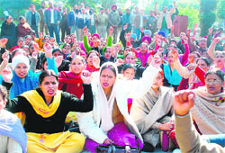 Markfed employees stage a demonstration at their head office in Sector 35, Chandigarh, on Friday. 