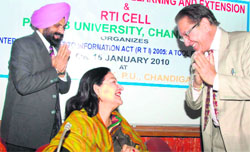 Rupan Deol Bajaj, State Information Commissioner, Punjab, at a seminar in Panjab University.