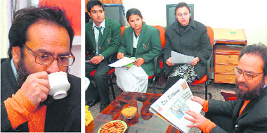 Mushtaq Kak, theatre director and actor; and (right) members of The Tribune team and DPS students in conversation at Jammu.