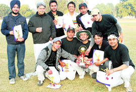 Students with their trophies after a sports meet organised in Ludhiana on Friday.
