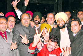 Naval Kishore Chhibber (third from left) after winning the elections for the post of DBA president in Ludhiana on Friday.