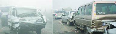 Some of the 15 vehicles involved in the pile-up on the Noida- Greater Noida  Expressway due to dense fog on Saturday.
