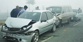 Some of the 15 vehicles involved in the pile-up on the Noida- Greater Noida  Expressway due to dense fog on Saturday.