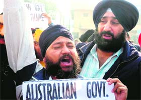 Sikh organisations protest against the Australian government over the attack on a gurdwara in Melbourne, at Satwari in Jammu