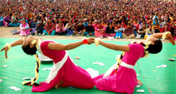 Students perform dance during the Dhiyan di Lohri celebrations at Bhag Singh Hayer College for Girls at village Kala Tibba near Abohar.