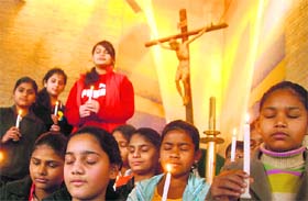 Students gather at Christ the King Cathedral, Sector 19, to express solidarity with Sister Sebastina in Chandigarh