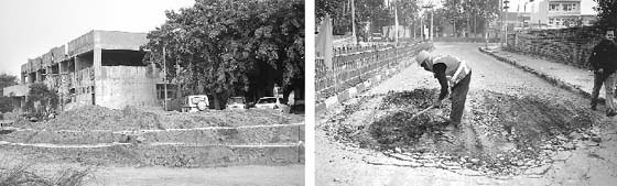 Earth gathered due to digging at the site of a multi-specialty hospital adjoining the emergency; and (right) a man repairs the entrance road of the Government Civil Hospital at Phase VI in Mohali