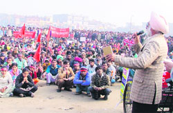 A joint rally being organised to bring back the lost confidence of migrants, at Ishwar Colony in Ludhiana on Sunday. 
