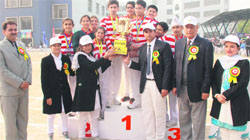 Students at the victory podium after the conclusion of the Fifth Annual Sports Meet held at Sat Paul Mittal School, Dugri, on Sunday.