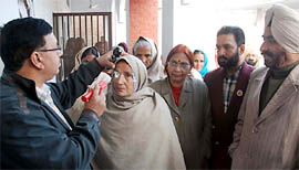 A doctor examining a jail inmate during an eye check-up camp that was organised by the Bathinda Vikas Manch at the Central Jail in Bathinda on Monday.