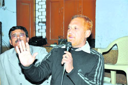 PC Tiwari, president, UPP, at a press conference in Dehradun on Monday. 