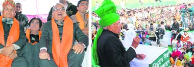 With state Congress chief Phool Chand Mullana and Congress MP Raj Babbar on his right, Chief Minister Bhupinder Singh Hooda is all smiles at a party rally in Ellenabad on Monday; and INLD chief OP Chautala at a public rally in Nathusari Chopta