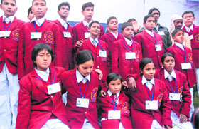 Children who have been selected for the National Bravery Awards pose for a group photograph during a press briefing in New Delhi on Monday. 