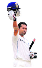 Sachin Tendulkar geutures after scoring the 44th Test century on Monday.