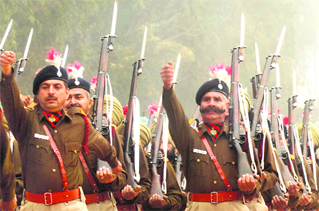Chandigarh police personnel take part in the passing-out parade of the first batch of promotion course at the RTC, Police Lines, Chandigarh, on Tuesday.