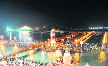 Har-ki-Pauri all lit up for the Maha Kumbh celebrations in Haridwar.