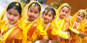 Students of St Soldier Divine Public School celebrate Basant Panchami in Jalandhar on Tuesday.