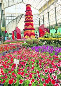 A floral replica of Qutab Minar stands tall during a flower show organised ahead of Republic Day celebrations, in Bangalore