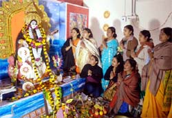 Devotees paying obeisance to Goddess Saraswati as part of the Basant Panchami celebarations in Bathinda