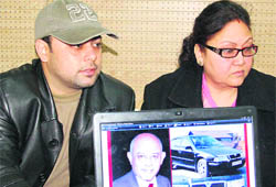 Sameer Sagar, son of missing realtor Deepak Rai Sagar (inset), along with his mother addresses mediapersons at Chandigarh Press Club on Wednesday.